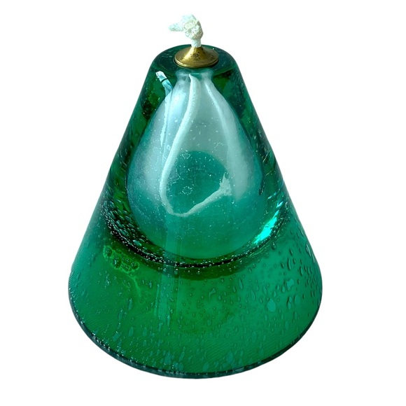 Vintage Oil Lamp Hand Blown Art Glass Emerald Green Bubbles Poland Triangle - Picture 5 of 7